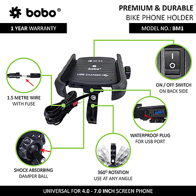 BOBO BM1 Jaw-Grip Bike Phone Holder (with fast USB 3.0 charger) Motorcycle Mobile Mount BOBO BM1 Jaw-Grip Bike Phone Holder (with fast USB 3.0 charger) Motorcycle Mobile Mount