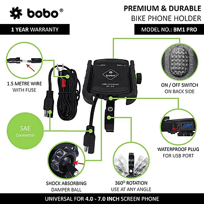 BOBO BM1 PRO Jaw-Grip Bike Phone Holder (with fast USB 3.0 charger, SAE connector & Fast USB Cable) Motorcycle Mobile Mount BOBO BM1 PRO Jaw-Grip Bike Phone Holder (with fast USB 3.0 charger, SAE connector & Fast USB Cable) Motorcycle Mobile Mount