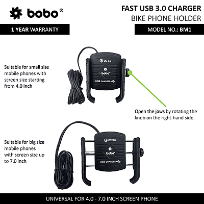 BOBO BM1 Jaw-Grip Bike Phone Holder (with fast USB 3.0 charger) Motorcycle Mobile Mount BOBO BM1 Jaw-Grip Bike Phone Holder (with fast USB 3.0 charger) Motorcycle Mobile Mount
