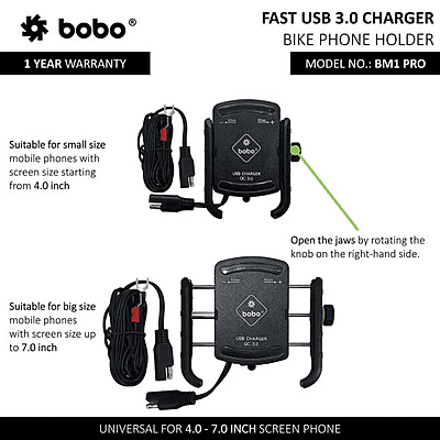 BOBO BM1 PRO Jaw-Grip Bike Phone Holder (with fast USB 3.0 charger, SAE connector & Fast USB Cable) Motorcycle Mobile Mount BOBO BM1 PRO Jaw-Grip Bike Phone Holder (with fast USB 3.0 charger, SAE connector & Fast USB Cable) Motorcycle Mobile Mount